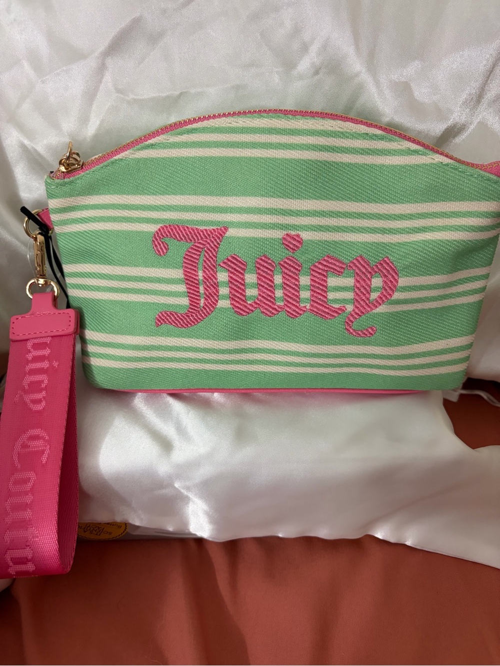 NWT Juicy Couture Mint & Pink Striped Wristlet
